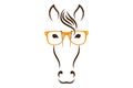 Wise horse head silhouette with orange glasses. Animal face in glasses.